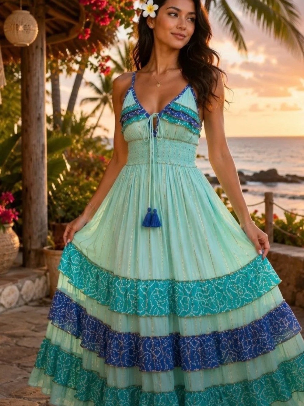 Marari Maxi Dress - Aqua & Teal Tiered Summer Maxi